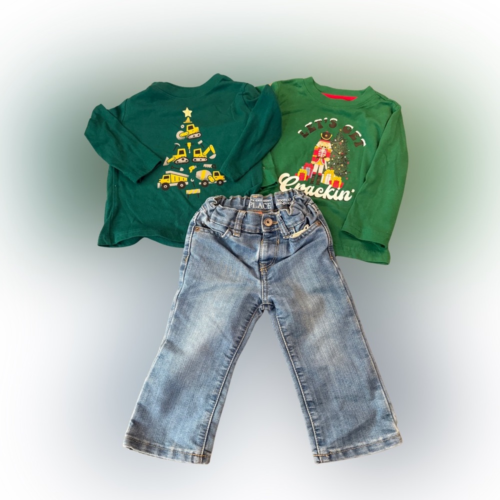 The Children's Place 2 Green Holiday Shirts and Blue Jeans Kids Matching Set